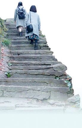 写真：階段を登っている二人の女性の後ろ姿